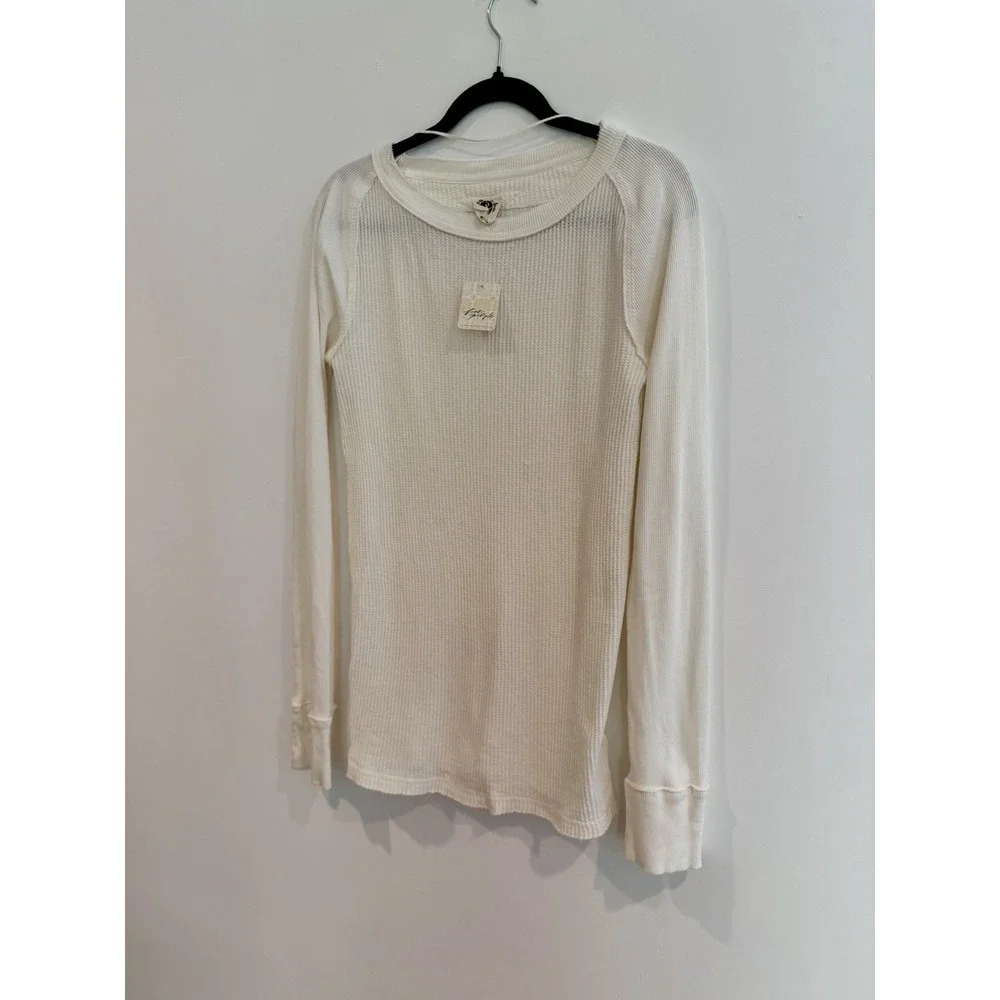 Free People Ivory Waffle Knit Long Sleeve T-Shirt NWT Sz M Honey B 100% Cotton